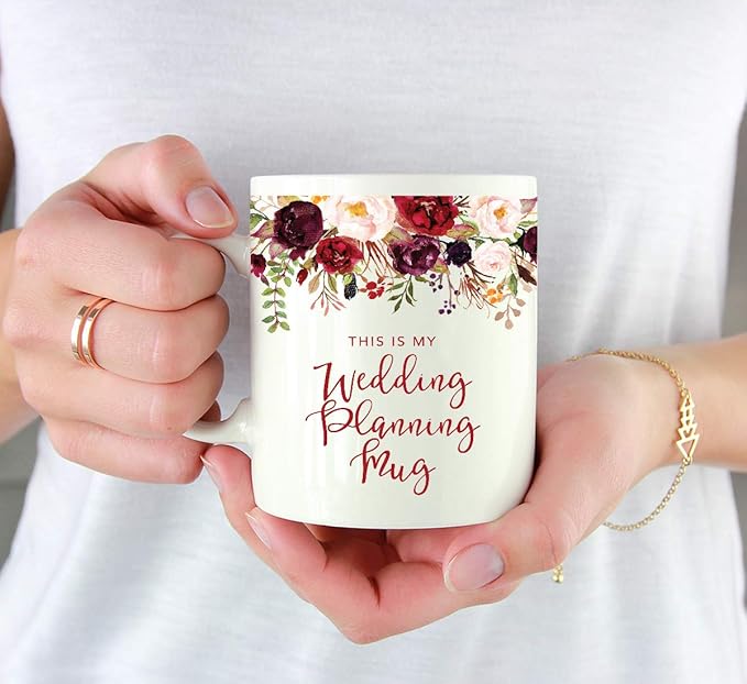 Andaz Press 11oz. Wedding Ceramic Coffee Tea Mug Gift, Fall Autumn Marsala Burgundy Flowers Roses Florals, This is My Wedding Planning Mug, 1-Pack, Includes Gift Box