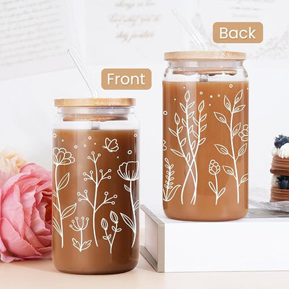 Floral Cup 16 Oz Can Glass with Bamboo Lid and Straw - Flower Glass Cup Gifts for Women - Wildflower Drinking Coffee Gifts