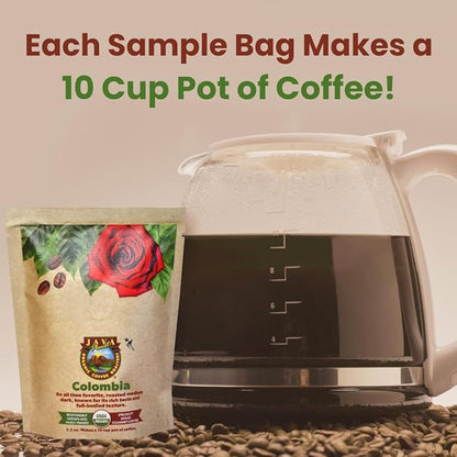 Sampler Variety Pack, Low Acid Organic Coffee Beans: Whole Bean, Mold-Free & Stomach Friendly, by Java Planet - Arabica Gourmet Coffee, 1.32 LBs of coffee packaged in six 3.2 oz bags