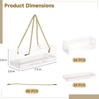 24PCS Macaron boxes, Take Out Clear Chocolate Covered Strawberries Boxes with Handles, Portable Transparent Macaron Cupcake Boxes, Bakery Cookie Present Containers for Party, Wedding, Display, Pastry Packaging, 7.3 x 2.6 x 2.6 in