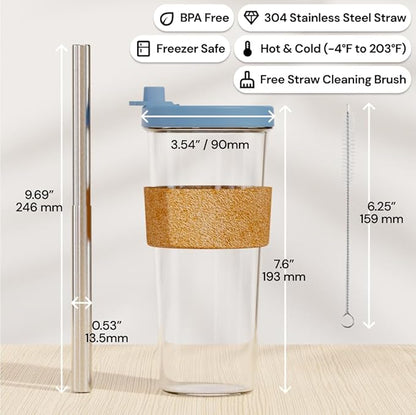 Dodoko Reusable 24 oz Bubble Tea Cup with Lid and Straw - Iced Coffee Cup - Smoothie Tumbler to Go - Breeze Blue
