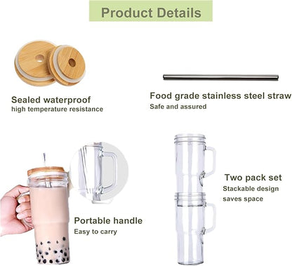 24oz Mason Jar Cups with Handle, Clear Glass Tumbler with Bamboo Lid and Straw, 2 Pack Glass Iced Coffee Cup with Lids, Cold Drinking Glasses for Iced Coffee, Juice, Bubble Tea,cola
