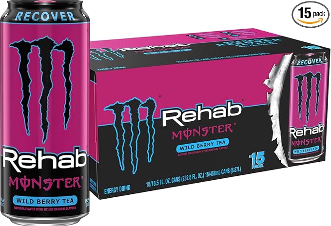 Monster Rehab Wild Berry Tea + Energy, Energy Iced Tea, Energy Drink, 15.5 Ounce (Pack of 15)