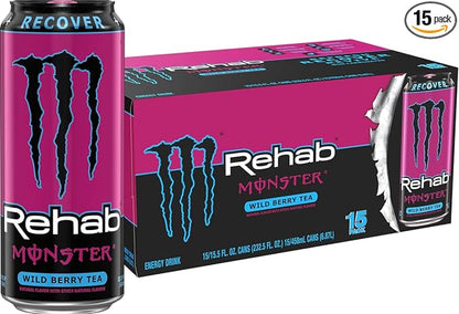 Monster Rehab Wild Berry Tea + Energy, Energy Iced Tea, Energy Drink, 15.5 Ounce (Pack of 15)