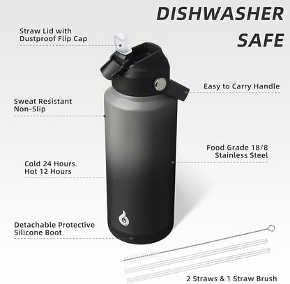 BJPKPK Water Bottle with Straw Lid, 32oz Vacuum Insulated Water Bottles, Metal Stainless Steel Thermos for Sports, Travel, BPA Free Leak Proof Thermos, Cups, Flasks, Tumblers,Black Grey