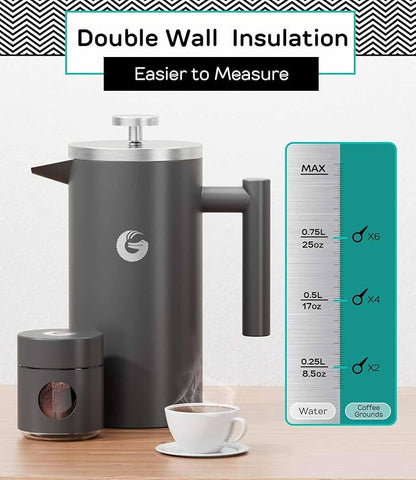 Coffee Gator French Press Coffee Maker - 34oz Double Insulated Stainless Steel Brewer plus Travel Jar Canister, Portable Hot Cold Brew Teapot Cafetera for Coffee Bar Accessories Kitchen Camping, Gray