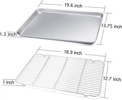 TeamFar Baking Sheet with Cooling Rack, Stainless Steel Half Size Cookie Sheet Pan and Baking Rack Set, 20’’×14’’×1’’, Non Toxic & Rust Free, Thick & Heavy Duty, Mirror Finish & Dishwasher Safe