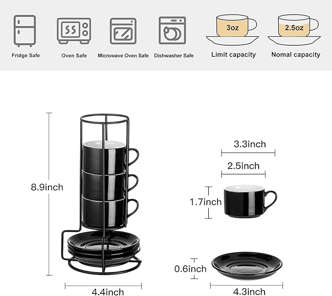 2.5oz Porcelain Stackable Espresso Cups with Saucers and Metal Stand Set of 4, Stackable Cappuccino Cups, Black Expresso Shots Cup Set for Coffee Drinks, Latte, Tea