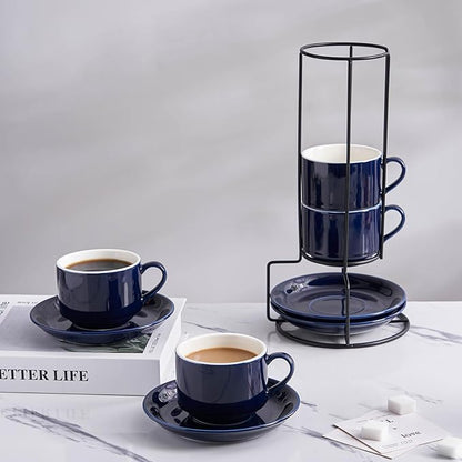YOLIFE 8oz Porcelain Stackable Cappuccino Cups with Saucers and Metal Stand Set of 4, Coffee cups for Espresso, Specialty Coffee Drinks, Latte, Americano and Tea - Blue