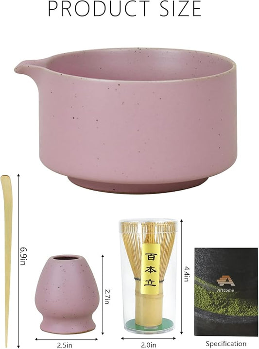 Artcome Matte Pink Matcha Bowl Set with Spout – Handmade Ceramic Chawan, Bamboo Whisk, Whisk Holder, Tea Scoop, and Matcha Manual – Japanese Tea Ceremony Set for Matcha Lovers