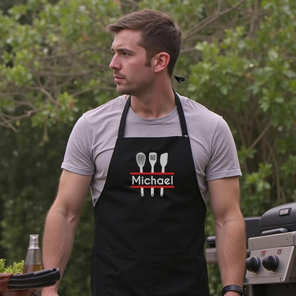 Personalized Chef Apron for Men, Custom Embroidered Design, Professional Kitchen Cooking BBQ Grilling for Dad, Decorated in USA