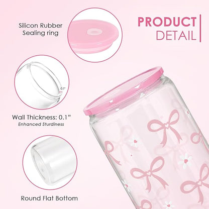 SANDJEST Bow Glass Can, Bows Cup with Lid & Straw, Iced Coffee Aesthetic Cups, Idea Gift for Christmas Birthday Mother Day, Gifts for Women, 16oz