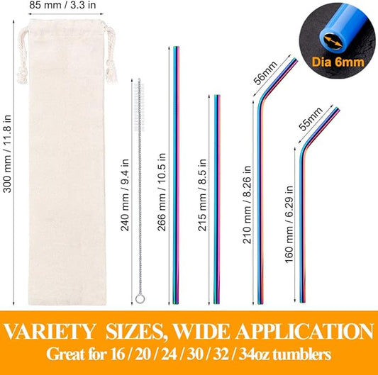 Lazycorner 16 Pcs Metal Straw Reusable 8.5" 10.5" 6mm Stainless Steel Straws for Tumblers 20oz-32oz, Rainbow Drinking Straws with Silicone Tips, 4 Straw Cleaner Brush, 1 Travel Case