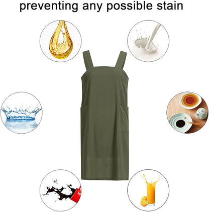 ZQFFB Pinafore Cross Back Apron for Women with Pockets Japanese Smock for Work Gardening Cooking Painting Baking