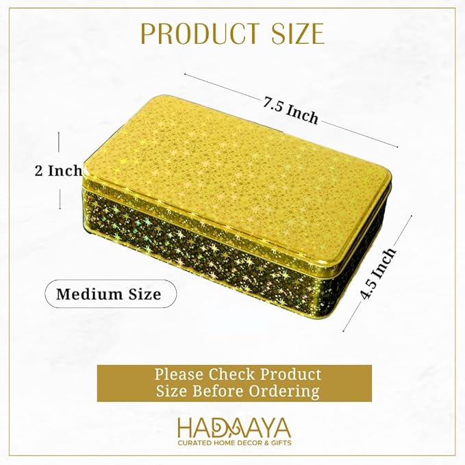 Gold Glitter Single Piece Empty Rectangular Tin Container With Lid, Multipurpose Festive Party Favor Gift Box For Cookies, Candies, Stationery & More - 7.5 x 4.25 x 2 Inches