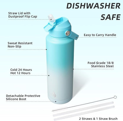 BJPKPK Insulated Water Bottle with Straw Lid, 40oz Large Thermos, BPA Free Leak Proof Stainless Steel Metal Water Bottles, Tumblers, Cups, Flasks for Travel, Sports,Sea Salt