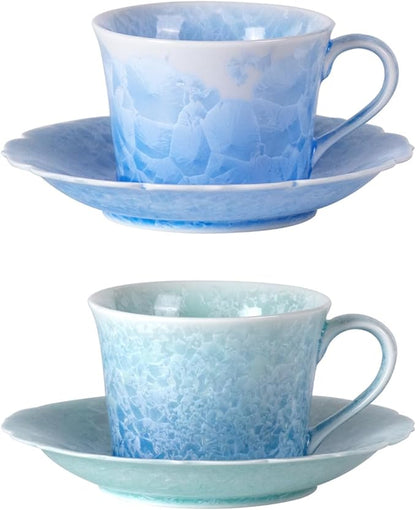 KAMMAK Tea Cups and Saucers Set of 2, Porcelain Coffee Cups, 5oz Crystalline Glaze Espresso Mugs, Ceramic Demitasse for Coffee, Cappuccino, Latte, Americano, Tea (Ice crystal blue + greenish blue)