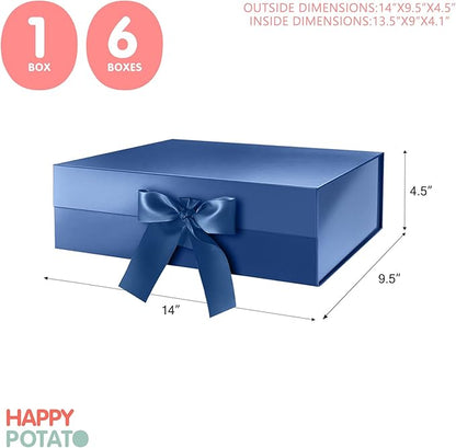 HAPPY POTATO Large Gift Box with Lids and Ribbon 13.5x9x4.1 Inches, Groomsman Proposal Box, Magnetic Blue Gift Box for presents (Glossy Blue)