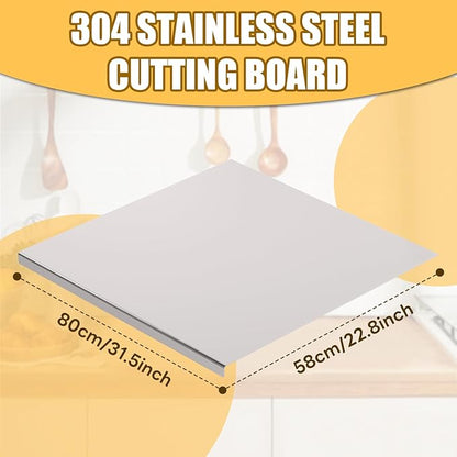 Stainless Steel Chopping Board Extra Large Cutting Board with Lip Stove Top Pastry Board Kneading Board Baking Board with Rolling Pin for Meat Vegetables Fruits Cheese Bread,31.5x 22.8 Inch