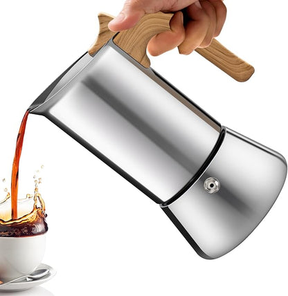 No Coating 6 Cup Moka Pot Thickened 304 Stainless Steel Stovetop Espresso Coffee Maker 300ml 10.1oz Mocha Percolator Greca Cuban Ideal for Making Rich Authentic Italian Café