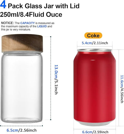 Large Glass Coffee Jars, Round Storage Canister with Wooden Lid Clear Glass Food Jar for Pantry Sugar Tea Coffee Bean Spice Nuts Cookies Bath Salts (4×250ml(8.4oz))
