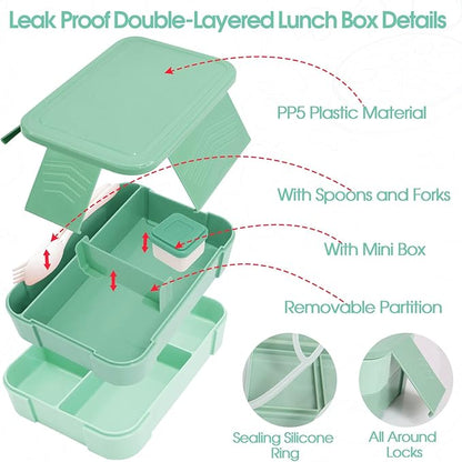 Girl Lunch Bag with 6 Compartment Bento Box with 10oz Thermo- Preppy Green Nylon Insulated Lunch Box Adjustable Strap, Birthday Gift For Girl Kids Teens Travel Picnic School