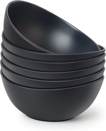 6.2'' Bamboo Fiber Cereal Bows Set of 6, Soup Bowls 24 Oz for Serving Salad, Snack, Side Dishes, Modern Oval Lightweight Bowls for Breakfast,Lunch and Dinner, Dishwasher and Freezer Safe(Matte black)