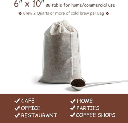 Cold Brew Coffee Bags 60 Count Disposable Fine Mesh Brewing Bags for Concentrate/Iced Coffee Maker, French/Cold Press Kit, Hot Tea in Mason Jar or Pitcher, 6 x 10 Inches