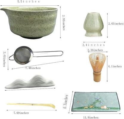 matcha whisk set,matcha set, including matcha bowl, matcha whisk and stand, sieve, spoon, cloth mat, gift for matcha lovers (Green)
