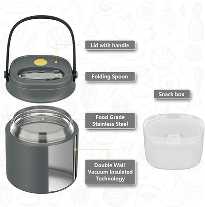 2 - in - 1 Soup Thermo for Hot Food 14oz with Snack Box Container Leak Proof Insulated Lunch Container Kids and Adults Stainless Steel Double Wall Vacuum Wide-mouth Thermal with Spoon and Handle