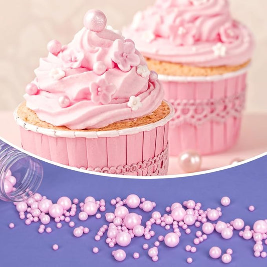 Twisweet Pink Pearl Sprinkles for Cake Decorating, Edible Sugar Pearls for Baking, Mix Size, Cake Topper Cupcake Cookie Ice Cream Dessert Decorations, Baby Shower Wedding Birthday Valentine Supplies (130g/4.58oz)