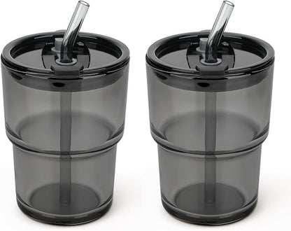 13 oz Glass Tumbler with Glass Straw and Lid, Leak-Proof Reusable Travel Cup for Iced Coffee, Tea, Matcha, Fruit Juice – Thick Wall Clear Water Bottle (Gray, 2 Pack)