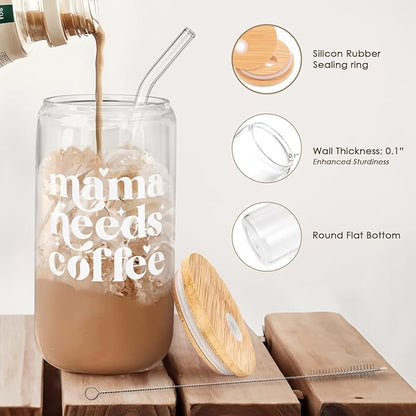 SANDJEST Mom Glass Can, Mama Needs Coffee Cup with Lid & Straw, Iced Coffee Aesthetic Cups, Idea Gifts for Christmas Birthday Mother Day, Gifts for Women, 16oz