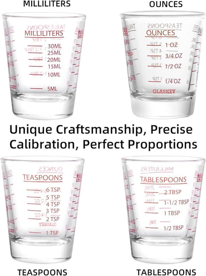 Shot Glasses Measuring Cup Set - 2 Pack Espresso Shot Glasses with Precise Measurement Marks,Heavy Duty Glass,Dishwasher Safe,Perfect for Coffee,Cocktails and Kitchen Use (Black & Red)