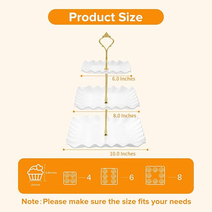 Hoedia 3 Tier Cupcake Stand Tower, Plastic White Cup Cake Holder for Dessert stands, Tiered Serving Tray for Tea Party, Birthday Party, Wedding Decor and Baby Shower(Square Wave)