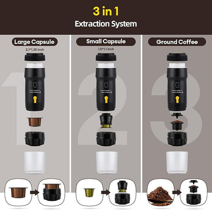 3 In 1 Portable Coffee Maker for Travel, 20 Bar Portable Espresso Machine with USB,Travel Coffee Maker Self-Heating, Compatible with Ground Coffee & Capsule for Hiking,Office,RV（Upgrade）