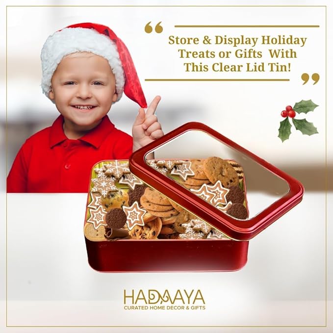 6 Pack Red Rectangular Metal Tin with Clear Lid – Gift Box for Cookies, Candy, Crafts & Storage – Perfect For Gifting, Festive Decor & Party Favor