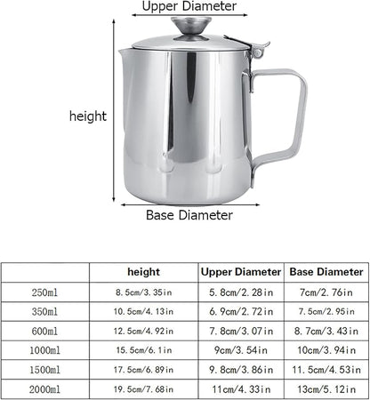 Stainless Steel Milk Frothing Pitcher, Stainless Steel Coffee Cup Mug Milk Frothing Pitcher Jug with Lid for Latte Coffee Art for Office Kitchen with handle(600ml)