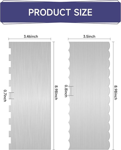 9 Inch Metal Cake Scraper Set of 2, Stainless Steel Cake Scraper Smoother Double Sided Patterned Edge for Icing Smoother,Tall Cake Scraper, Cake Combs for Buttercream