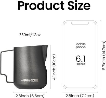 MHW-3BOMBER Milk Frothing Pitcher 12oz Milk Frother Cup Espresso Steaming Pitcher Stainless Steel Milk Frother Cup Barista Latte Art Round Spout Milk Jug, Black P6007MB-OS