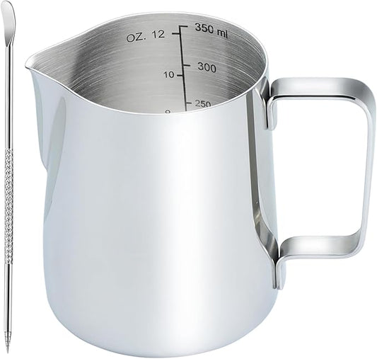 CAMKYDE Stainless Steel Milk Frothing Pitcher 12 oz, Espresso Steaming Pitcher with Decorating Pen for Espresso Machines, Cappuccino, Latte Art A Silver
