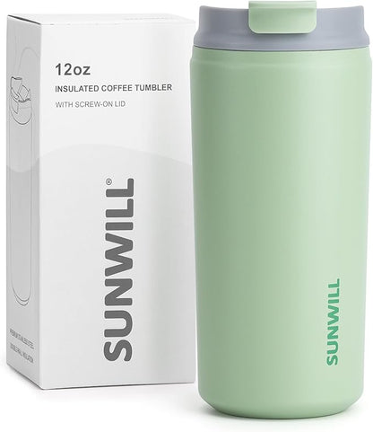 SUNWILL Insulated Coffee Mug with Lid, Leak Proof Tumbler Stainless Steel, 12 oz Travel Cup for Office, Home, Powder Coated Matcha