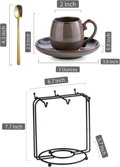 LYEOBOH 3 Ounce Espresso Cups and Saucers Set of 6, Ceramic Small Coffee Cups with Metal Holder and Spoons, Cute Demitasse Cups for Tea, Espresso, Latte, Cafe Mocha, Brown