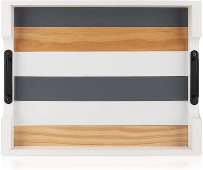 Wood Serving Tray with Metal Handle for Ottoman, Modern Rectangle Coffee Table Tray for Food Eating, White Decorative Tray, Size 17''x13'', Multicolor