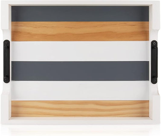 Wood Serving Tray with Metal Handle for Ottoman, Modern Rectangle Coffee Table Tray for Food Eating, White Decorative Tray, Size 17''x13'', Multicolor