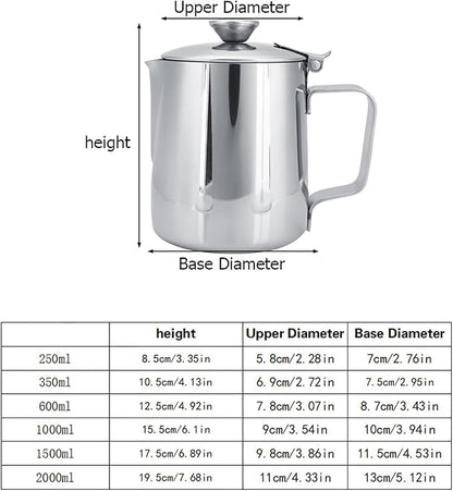 Stainless Steel Milk Frothing Pitcher, Stainless Steel Coffee Cup Mug Milk Frothing Pitcher Jug with Lid for Latte Coffee Art for Office Kitchen with handle(1000ML)