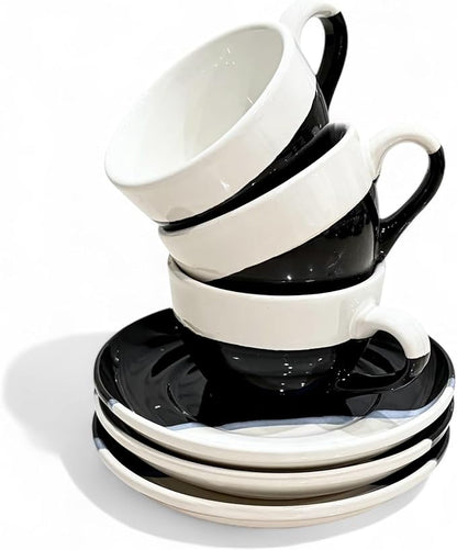 2 Ounce Espresso Cups with Saucers, Mini Ceramic Espresso Cups Set of 6, Espresso Cup Set, Coffee Mug Set for Latte, Macchiato, Demitasse Cups Set for Cafe, Microwave & Dishwasher Safe (Black)