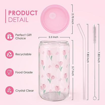 SANDJEST Floral Glass Can, Tulip Iced Coffee Aesthetic Cup, Gift for Christmas Birthday, Gifts for Women Girls, 16oz