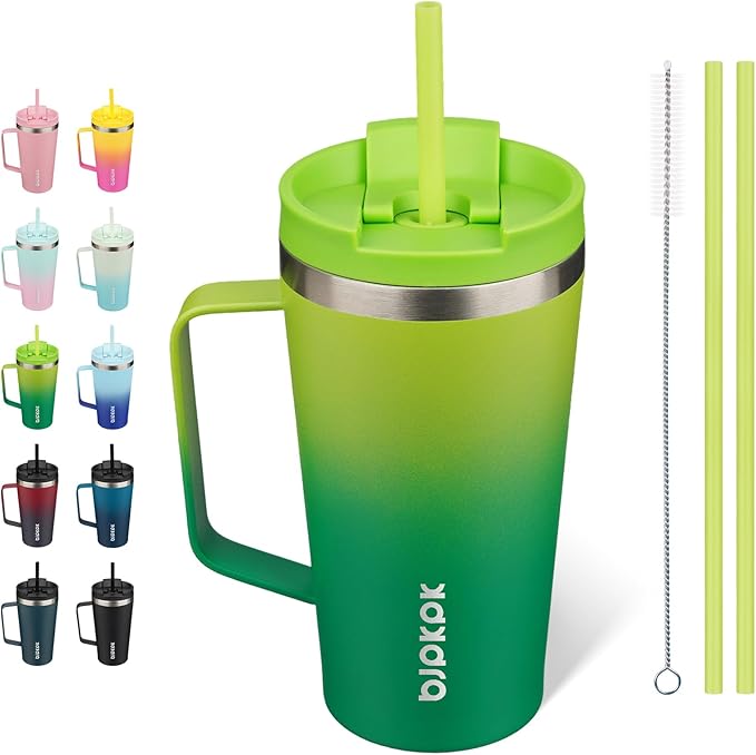 BJPKPK Insulated Tumbler with Handle, 18oz Insulated Tumblers with Lid and Straw, Stainless Steel Metal Water Bottles, Coffee Travel Mugs, Cups, Bamboo Grove