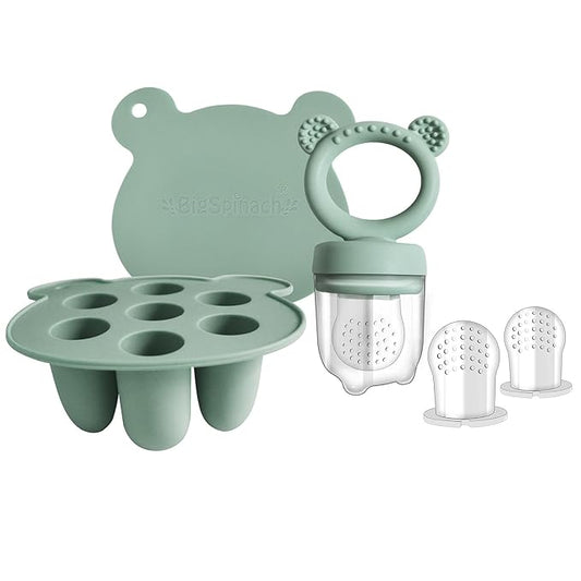 Silicone Baby Food Freezer Tray with Teething Popsicle Molds - Baby Fruit Feeder and Breastmilk Teether Combo